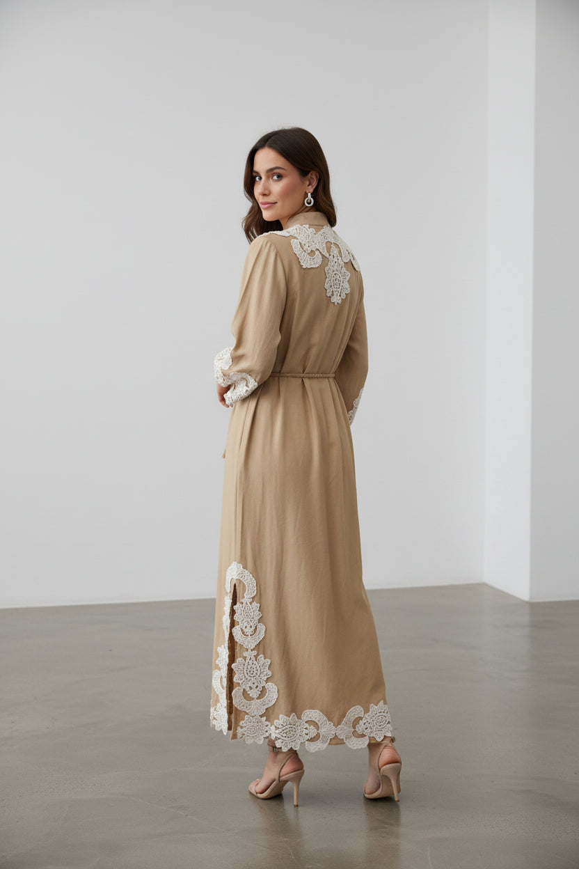 Nakış İşlemeli Kuşaklı Midi Elbise Camel-Ekru