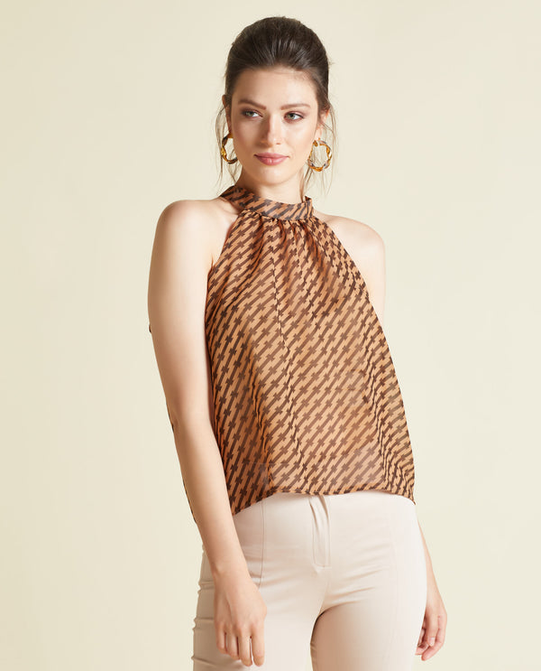 Halter Yaka Geometrik Şifon Bluz - görsel 2