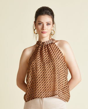 Halter Yaka Geometrik Şifon Bluz - görsel 1