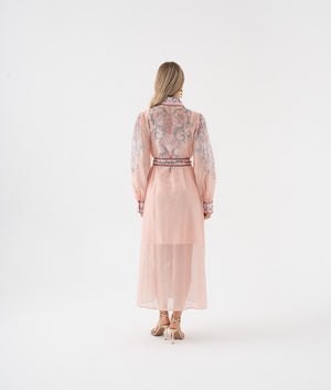 Nakış Efektli Transparan Detaylı Kemerli Gömlek Elbise