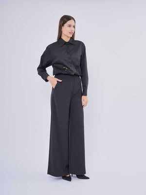 Yüksek Bel Geniş Paça Kadın Pantolon (Siyah)