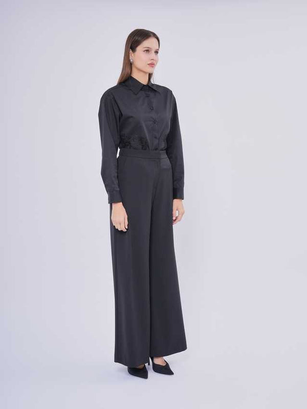 Yüksek Bel Geniş Paça Kadın Pantolon (Siyah)