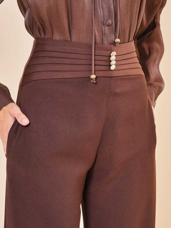 Yüksek Bel Düğme Detaylı Bol Paça Pantolon - görsel 8