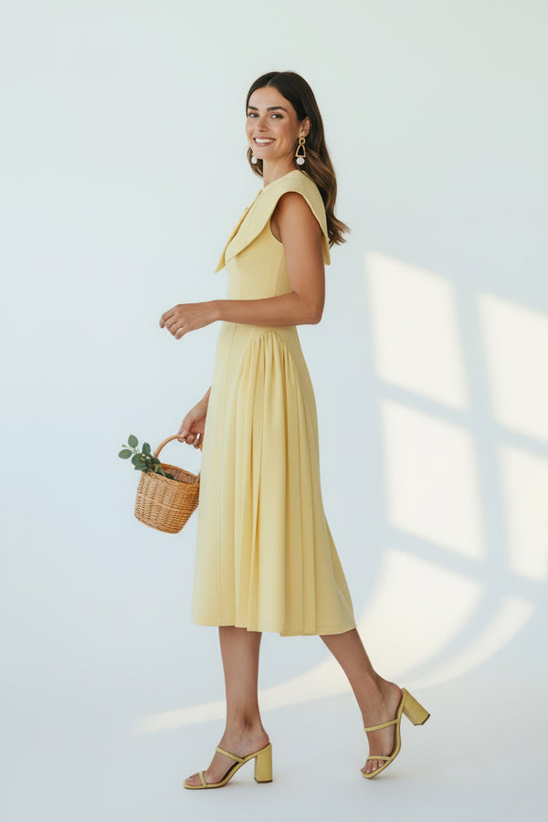 Brooch Collar Pleated Skirt Midi Dress Yellow