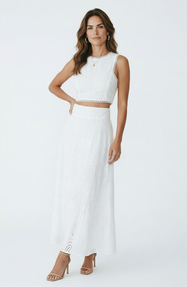 Brode İşlemeli Crop Üst & Uzun Etek Takım Beyaz