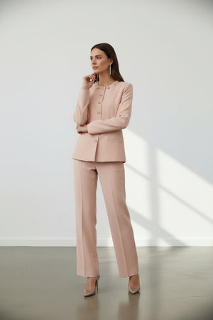Gold Düğmeli Blazer & Bol Paça Pantolon Takım Pudra