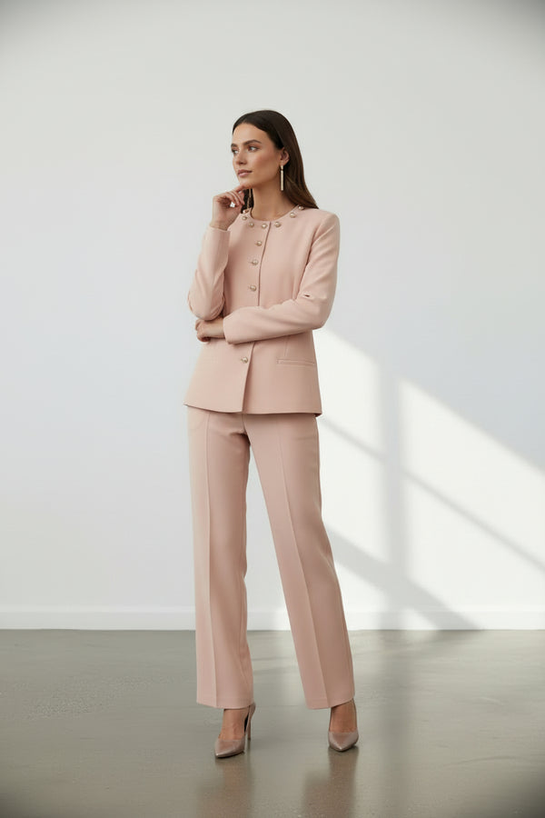 Gold Düğmeli Blazer & Bol Paça Pantolon Takım Pudra