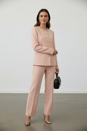 Gold Düğmeli Blazer & Bol Paça Pantolon Takım Pudra