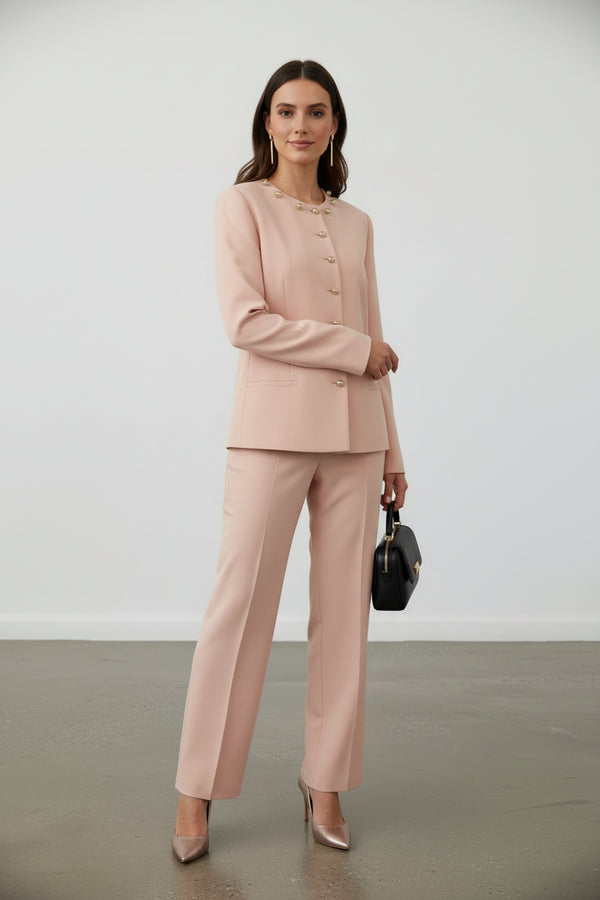 Gold Düğmeli Blazer & Bol Paça Pantolon Takım Pudra