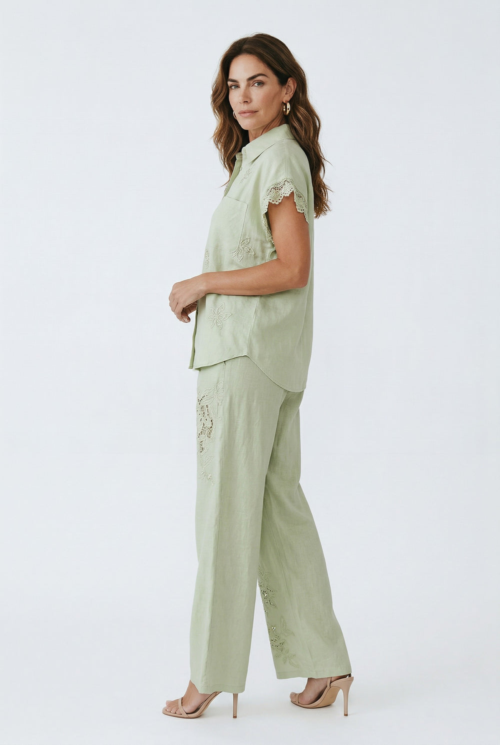 Nakış Detaylı Keten Pantolon Mint